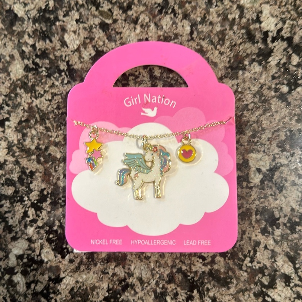 Girl Nation Unicorn Necklace NWT Charming Whimsy Stars Hearts Charm Charms